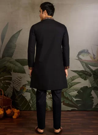 Men Black Silk Kurta Mens Wear with Embroidered Work