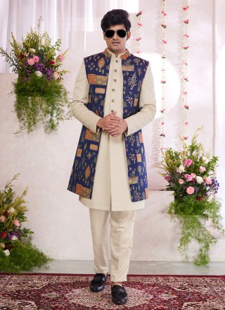 Men Blue and Cream Art Silk Indo Western with Embroidered Work