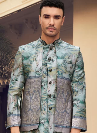 Men Blue and Grey Silk Foil Print and Hand Work Sherwani Mens Wear