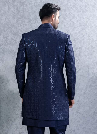 Men Blue Art Silk Indo Western with Jacquard Work