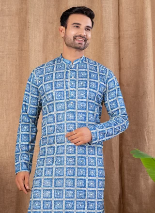 Men Blue Art Silk Kurta Pyjama with Digital Print and Embroidered Work