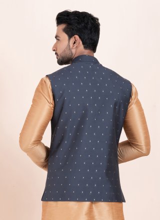 Men Blue Cotton Nehru Jackets with Jacquard Work