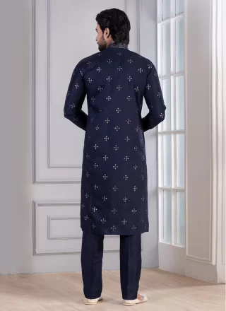 Men Blue Cotton Sequins Work Kurta Pyjama