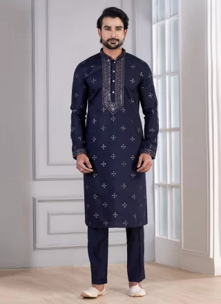 Men Blue Cotton Sequins Work Kurta Pyjama