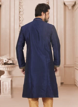 Men Blue Dupion Silk Plain Work Kurta Pyjama