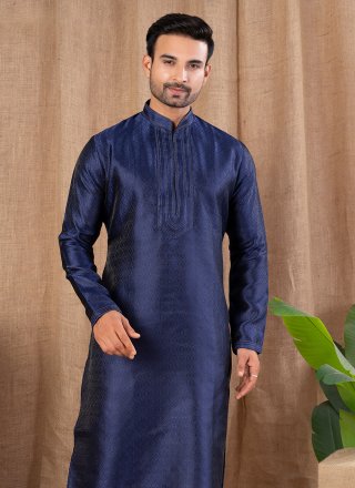 Men Blue Jacquard Buttons Work Kurta Pyjama