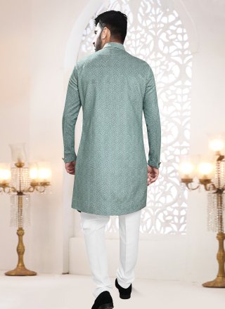 Men Blue Velvet Indo Western with Buttons and Plain Work