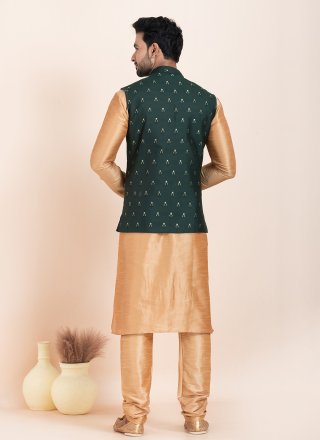 Men Brown and Green Banarasi Silk Jacquard Work Kurta Payjama with Jacket