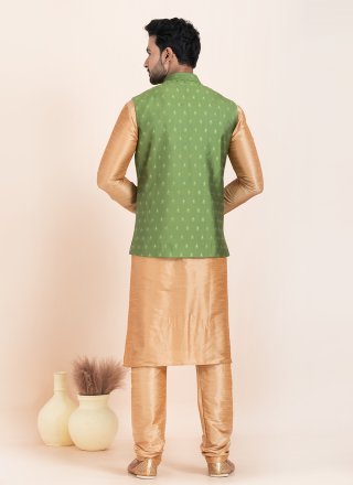 Men Brown and Green Banarasi Silk Kurta Payjama with Jacket with Jacquard Work