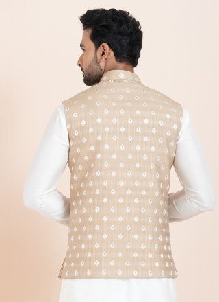 Men Brown Cotton Nehru Jackets with Jacquard Work