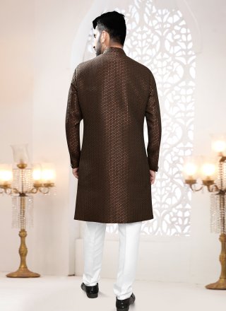 Men Brown Jacquard Woven Work Indo Western