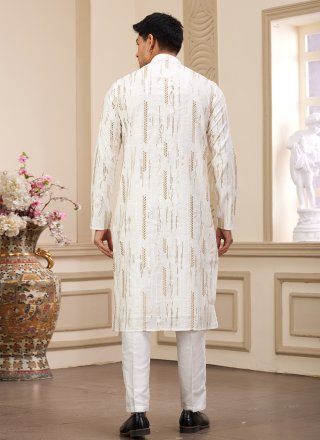 Men Cream Art Silk Machine Embroidery Work Kurta Pyjama