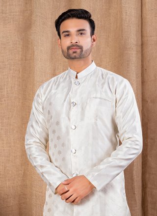 Men Cream Jacquard Indo Western with Buttons Work
