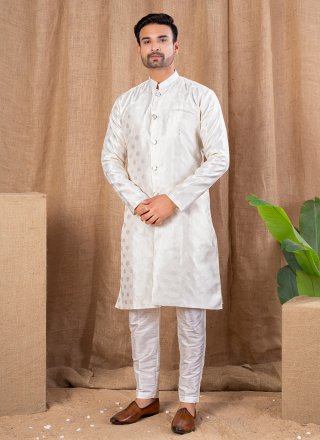 Men Cream Jacquard Indo Western with Buttons Work