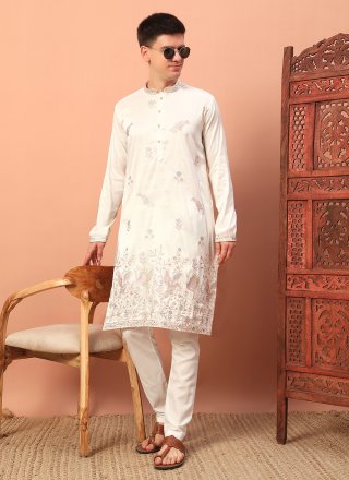 Men Cream Silk Embroidered and Sequins Work Kurta Pyjama