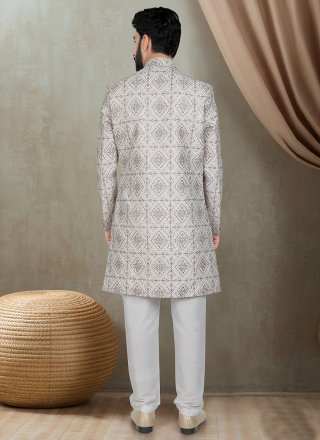 Men Cream Silk Indo Western with Embroidered, Sequins and Thread Work