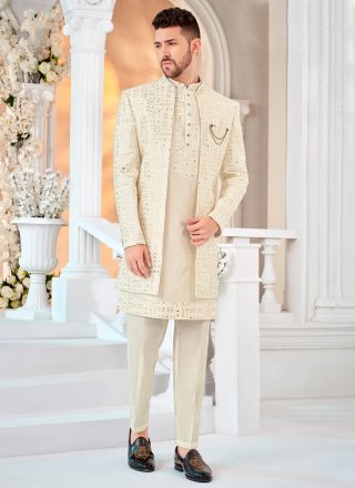 Men Cream Silk Indo Western with Embroidered Work