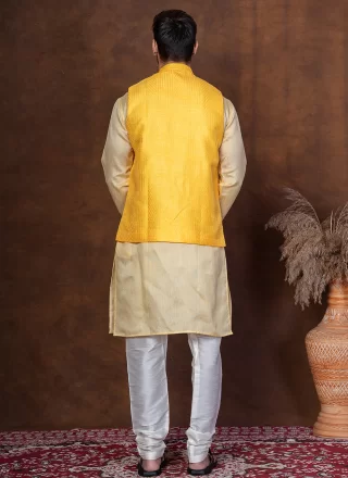Men Gold and Yellow Silk Blend Kurta Payjama with Jacket with Embroidered Work