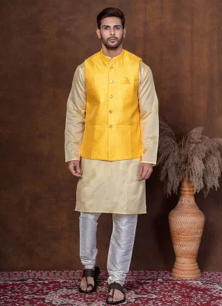 Men Gold and Yellow Silk Blend Kurta Payjama with Jacket with Embroidered Work