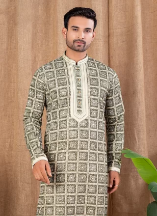 Men Green Art Silk Kurta Pyjama with Digital Print and Embroidered Work