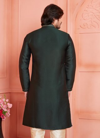 Men Green Brocade Kurta Pyjama with Pintex Work