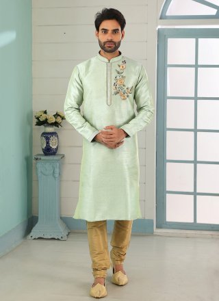 Men Green Dupion Silk Embroidered Work Kurta Pyjama