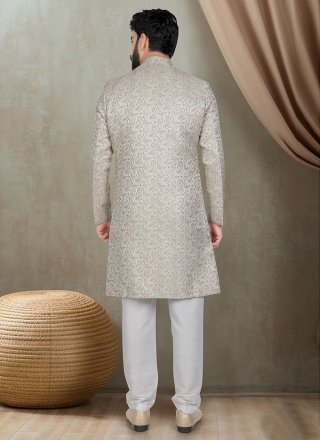 Men Green Jacquard Indo Western with Embroidered, Sequins and Thread Work
