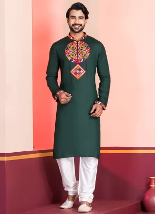Men Green Rayon Embroidered and Lace Work Kurta Pyjama