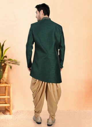 Men Green Silk Buttons and Jacquard Work Indo Western