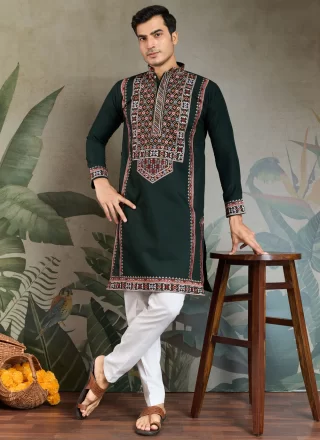 Men Green Silk Embroidered, Sequins and Thread Work Kurta Mens Wear