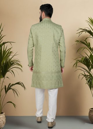 Men Green Silk Indo Western with Embroidered, Sequins and Thread Work