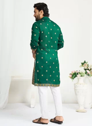 Men Green Silk Kurta Mens Wear with Embroidered and Sequins Work