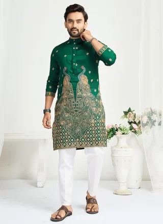 Men Green Silk Kurta Mens Wear with Embroidered and Sequins Work