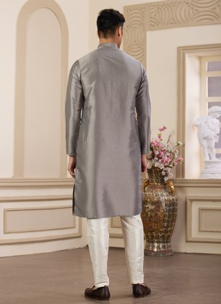 Men Grey Art Banarasi Silk Hand and Plain Work Kurta Pyjama