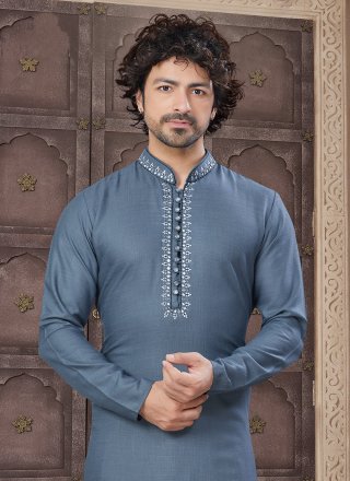 Men Grey Cotton Embroidered Work Kurta Pyjama