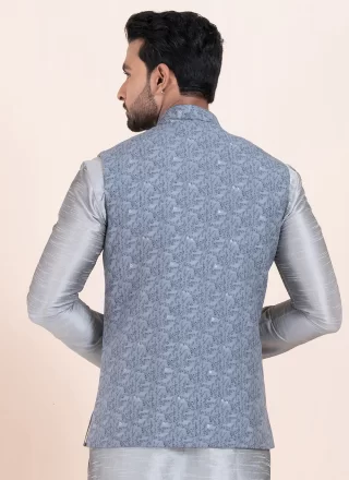 Men Grey Cotton Jacquard Work Nehru Jackets