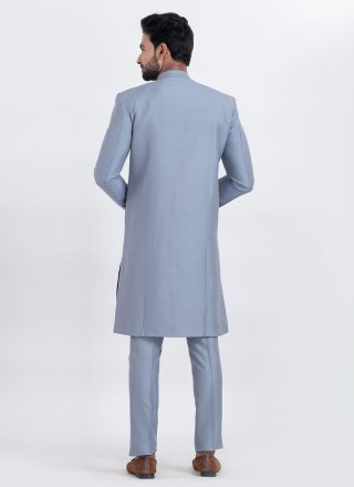 Men Grey Dupion Silk Buttons and Plain Work Indo Western