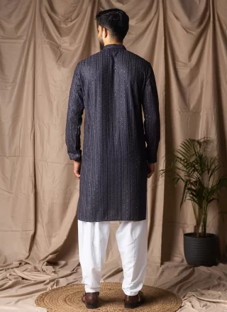 Men Grey Rayon Kurta Pyjama with Embroidered and Thread Work