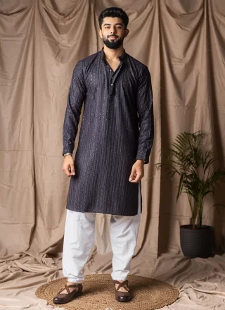 Men Grey Rayon Kurta Pyjama with Embroidered and Thread Work
