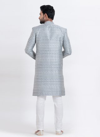 Men Grey Silk Indo Western with Jacquard Work