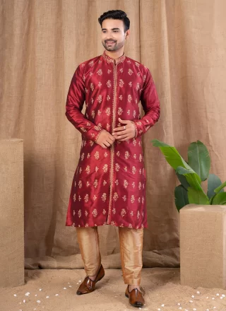 Men Maroon Art Silk Indo Western with Buttons Work