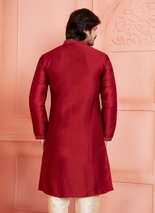Men Maroon Brocade Kurta Pyjama with Pintex Work