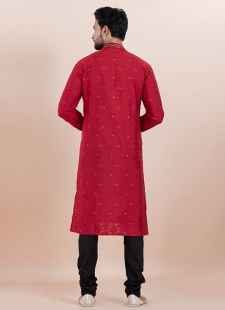 Men Maroon Cotton Silk Kurta Pyjama with Jacquard Work
