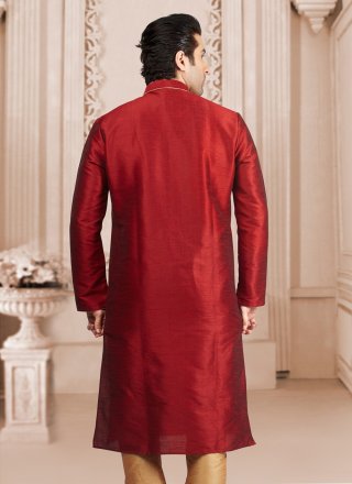 Men Maroon Dupion Silk Plain Work Kurta Pyjama