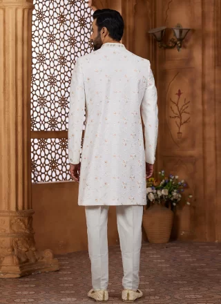 Men Off White Silk Hand Work Sherwani Mens Wear