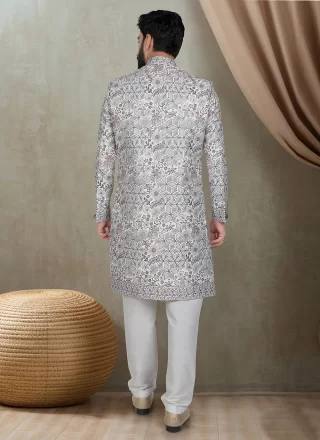 Men Off White Silk Indo Western with Print Work