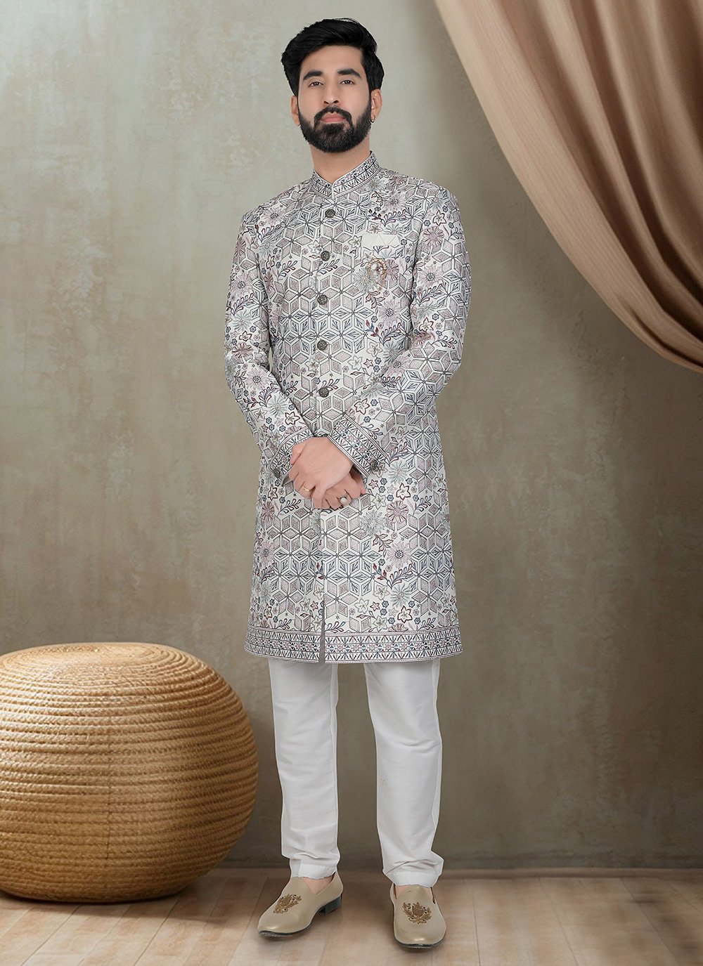 Shop Online Men Off White Silk Indo Western with Print Work