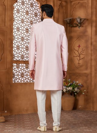 Men Peach Silk Hand, Resham, Stone and Thread Work Indo Western Sherwani