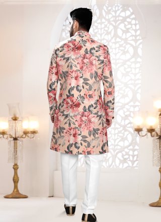 Men Peach Velvet Print Work Indo Western