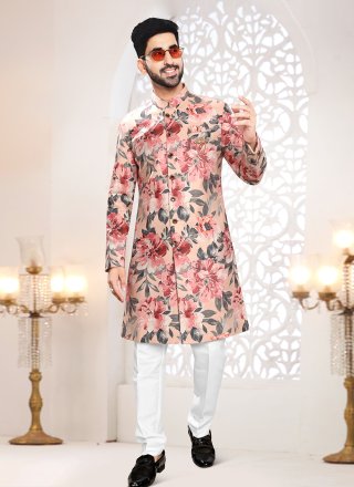 Men Peach Velvet Print Work Indo Western